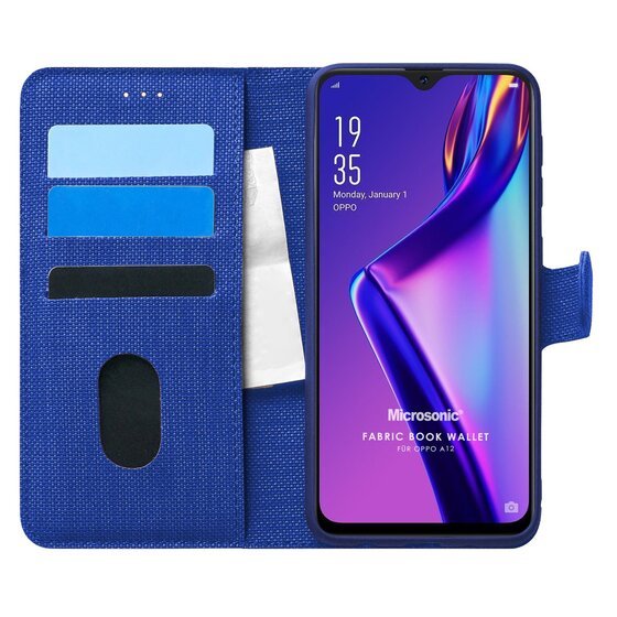 Microsonic Oppo A12 Kılıf Fabric Book Wallet Lacivert