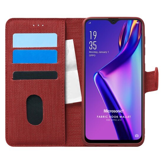 Microsonic Oppo A12 Kılıf Fabric Book Wallet Kırmızı