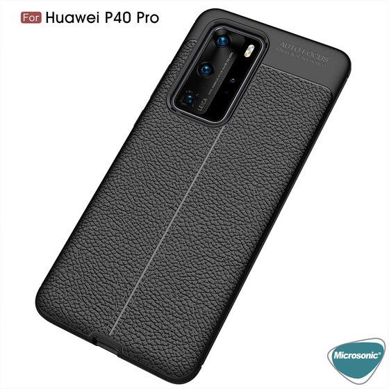 Microsonic Huawei P40 Pro Kılıf Deri Dokulu Silikon Siyah