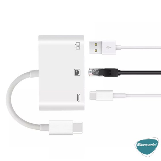 Microsonic Type-C to Ethernet & USB Adapter Kablo, Macbook İOS Typ-C USB, Dişi Typ-C Kablo AdaptörBeyaz