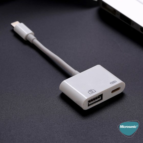 Microsonic Lightning to USB & Lightning Kablo, iPhone USB Okuyucu ve Dişi 8Pin İOS Kablo Adaptör Beyaz