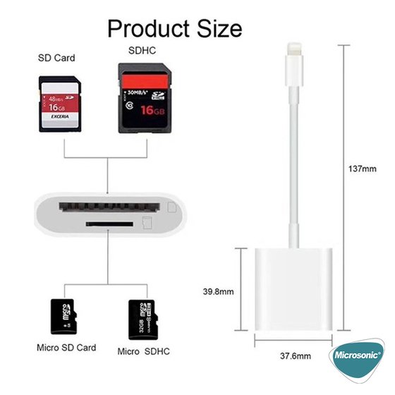 Microsonic Lightning to SD Card Camera Reader Kablo, iPhone SD, Mikro Sd Kart Okuyucu Kablo, Adaptör Beyaz