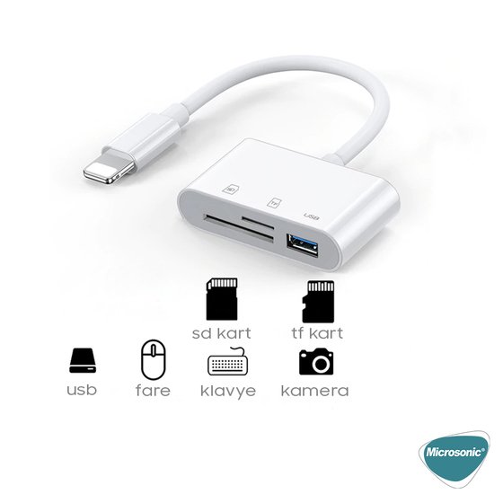 Microsonic Lightning to Multi-Function Adapter Kablo, iPhone Dönüştürücü Kablo USB, SD, Mikro SD Kart Okuyucu Adaptör Beyaz