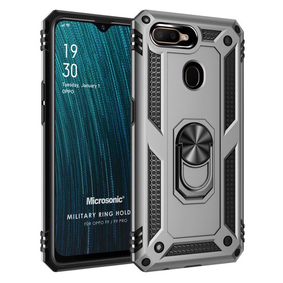 Microsonic Oppo F9 / F9 Pro Kılıf Military Ring Holder Gümüş