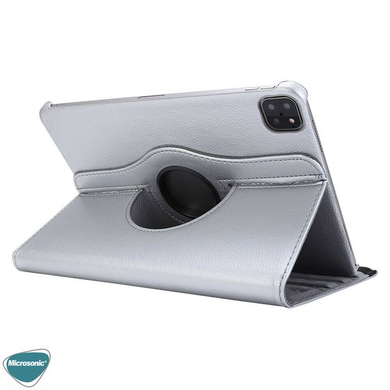 Microsonic Apple iPad Pro 11'' 2021 3. Nesil Kılıf (A2377-A2459-A2301-A2460) 360 Rotating Stand Deri Gümüş