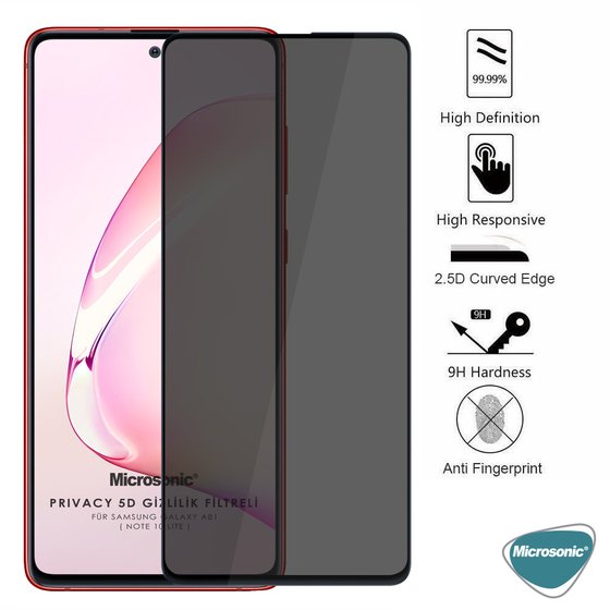 Microsonic Samsung Galaxy Note 10 Lite Privacy 5D Gizlilik Filtreli Cam Ekran Koruyucu Siyah