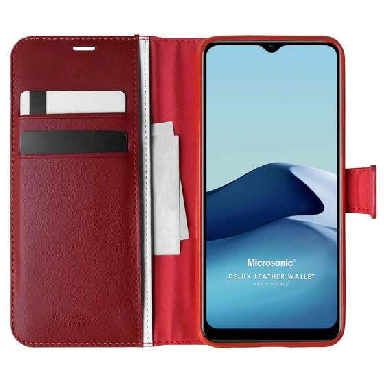 Microsonic Vivo Y20 Kılıf Delux Leather Wallet Kırmızı