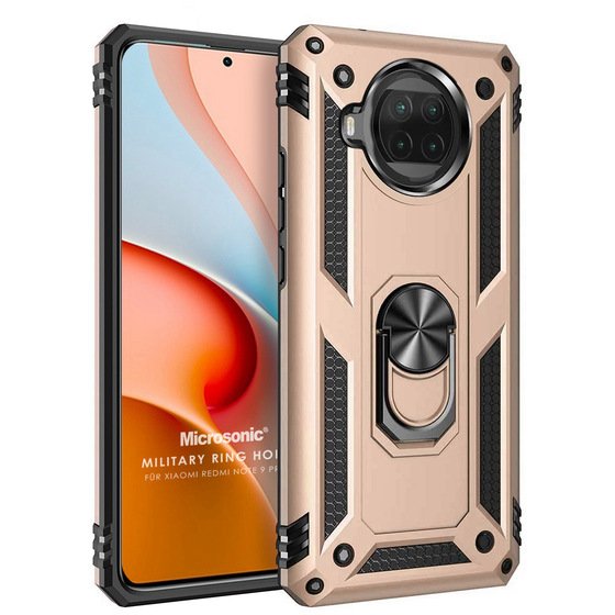 Microsonic Xiaomi Redmi Note 9 Pro 5G Kılıf Military Ring Holder Gold