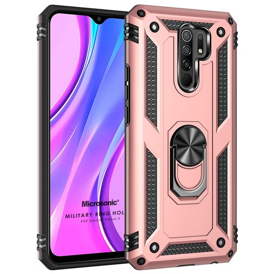 Microsonic Xiaomi Redmi 9 Kılıf Military Ring Holder Rose Gold