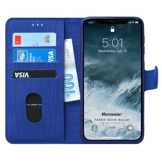 Microsonic Apple iPhone XS Kılıf Fabric Book Wallet Lacivert