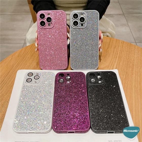 Microsonic Apple iPhone 16 Pro Kılıf Bling Rhinestones Koyu Gri