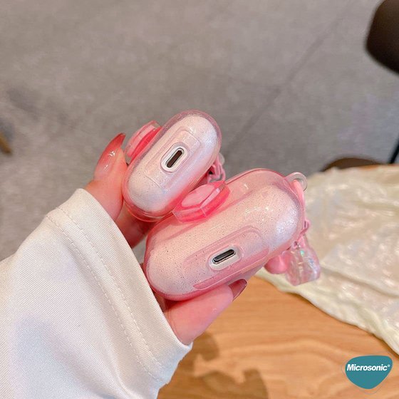 Microsonic Airpods 4.Nesil / ANC Kılıf Simli Parıltılı Kalp Desenli Pembe