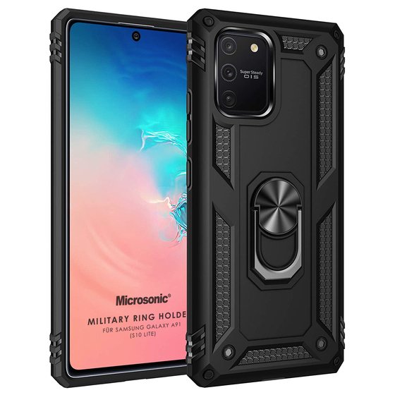 Microsonic Samsung Galaxy S10 Lite Kılıf Military Ring Holder Siyah