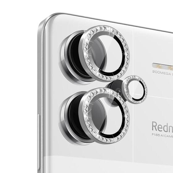 Microsonic Xiaomi Redmi Note 13 Pro Plus 5G Tekli Diamond Taşlı Kamera Koruma Camı Gümüş