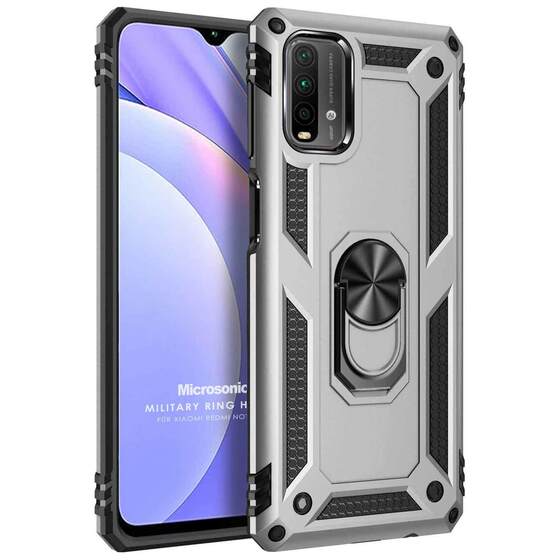 Microsonic Xiaomi Redmi Note 9 4G Kılıf Military Ring Holder Gümüş