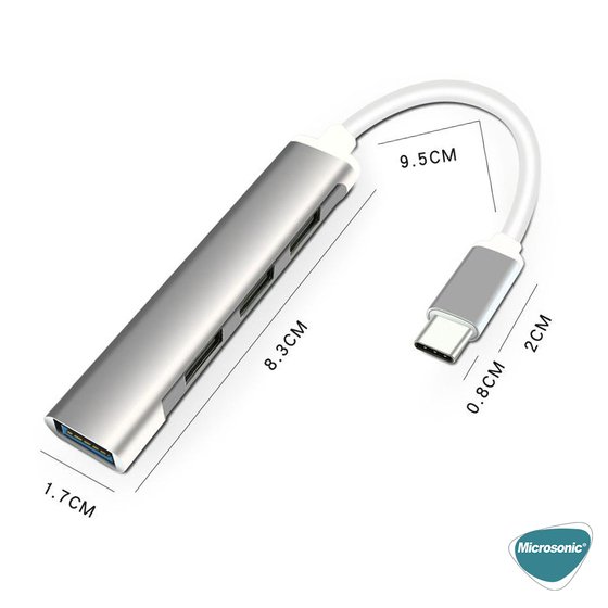 Microsonic Type-C to USB Hub 4 Port Female USB Type-C Dönüştürücü Adaptör Kablo Gri