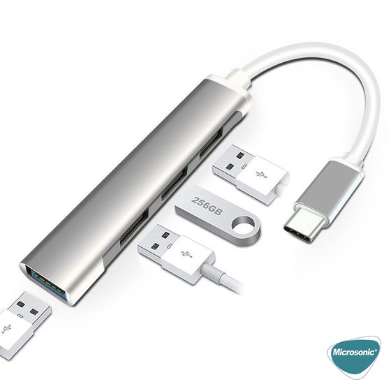 Microsonic Type-C to USB Hub 4 Port Female USB Type-C Dönüştürücü Adaptör Kablo Gri