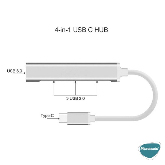 Microsonic Type-C to USB Hub 4 Port Female USB Type-C Dönüştürücü Adaptör Kablo Gri