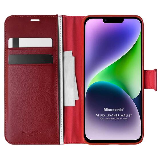 Microsonic Apple iPhone 14 Plus Kılıf Delux Leather Wallet Kırmızı