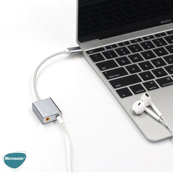 Microsonic Type-C Sound Card Kablo, Type-C to 3.5mm Kulaklık ve Mikrofon Çevirici Adaptör Gri