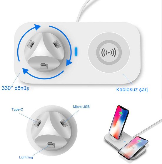 Microsonic Usb To 3 in 1 Masaüstü Şarj Dock ve Kablosuz Şarj Cihazı Micro Lightning Type-C Beyaz