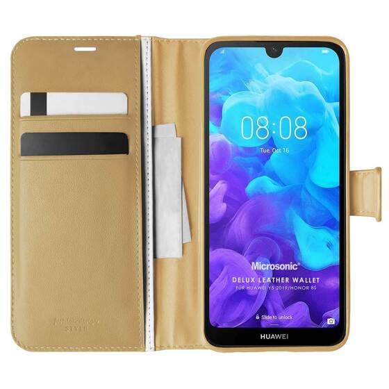 Microsonic Huawei Y5 2019 Kılıf Delux Leather Wallet Gold