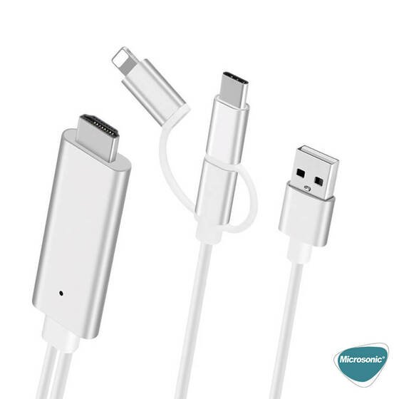 Microsonic 3 in 1 HDTV Kablo, HDMI to USB, Lightning, Micro USB, Type-C Dönüştücü Kablo Gri