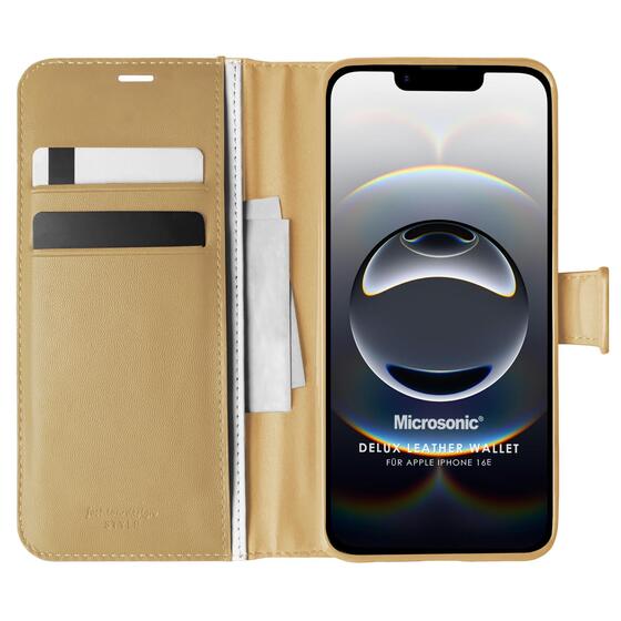 Microsonic Apple iPhone 16e Kılıf Delux Leather Wallet Gold