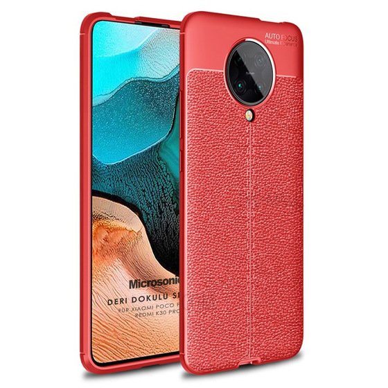 Microsonic Xiaomi Redmi K30 Pro Kılıf Deri Dokulu Silikon Kırmızı