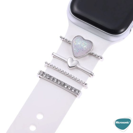 Microsonic Apple Watch 9 41mm Kordon Süsü Charm İnci Kalp Gümüş