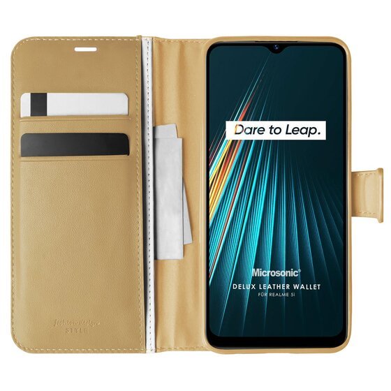 Microsonic Realme 5i Kılıf Delux Leather Wallet Gold