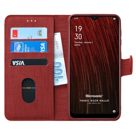 Microsonic Oppo AX7 Kılıf Fabric Book Wallet Kırmızı