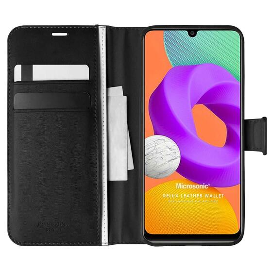 Microsonic Samsung Galaxy M22 Kılıf Delux Leather Wallet Siyah