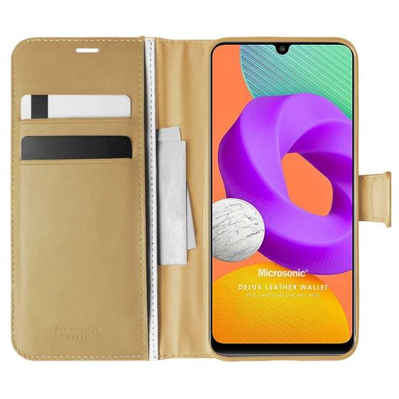 Microsonic Samsung Galaxy M22 Kılıf Delux Leather Wallet Gold