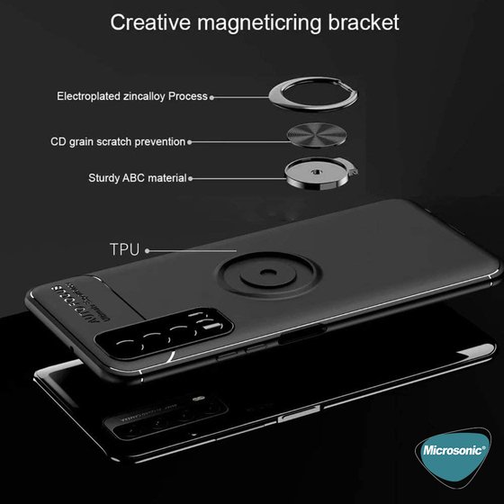 Microsonic Huawei P Smart 2021 Kılıf Kickstand Ring Holder Siyah