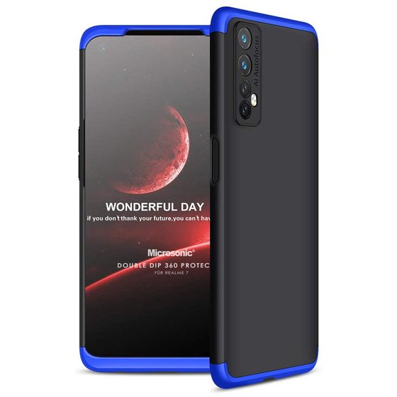 Microsonic Realme 7 Kılıf Double Dip 360 Protective Siyah Mavi