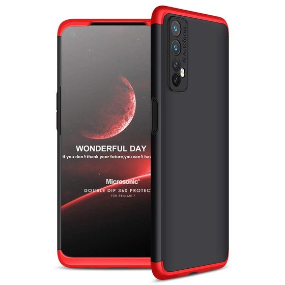 Microsonic Realme 7 Kılıf Double Dip 360 Protective Siyah Kırmızı