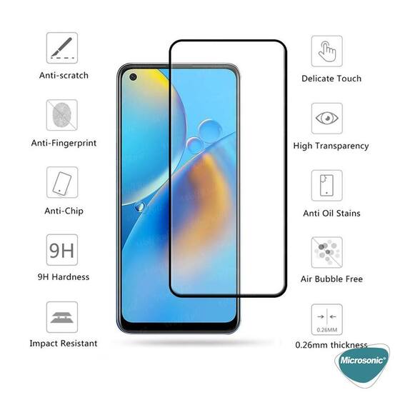 Microsonic Oppo A74 4G Tam Kaplayan Temperli Cam Ekran Koruyucu Siyah