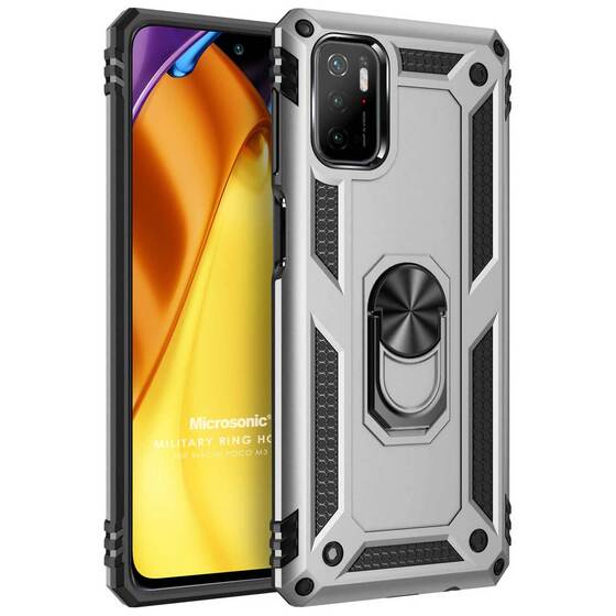 Microsonic Xiaomi Poco M3 Pro Kılıf Military Ring Holder Gümüş