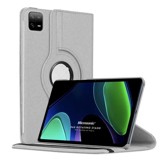 Microsonic Xiaomi Pad 6 Kılıf 360 Rotating Stand Deri Gümüş