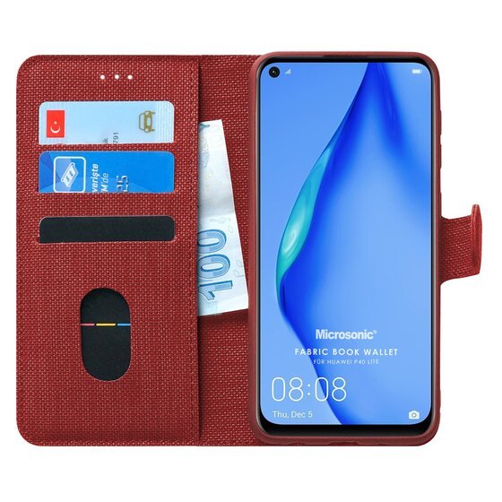 Microsonic Huawei P40 Lite Kılıf Fabric Book Wallet Kırmızı