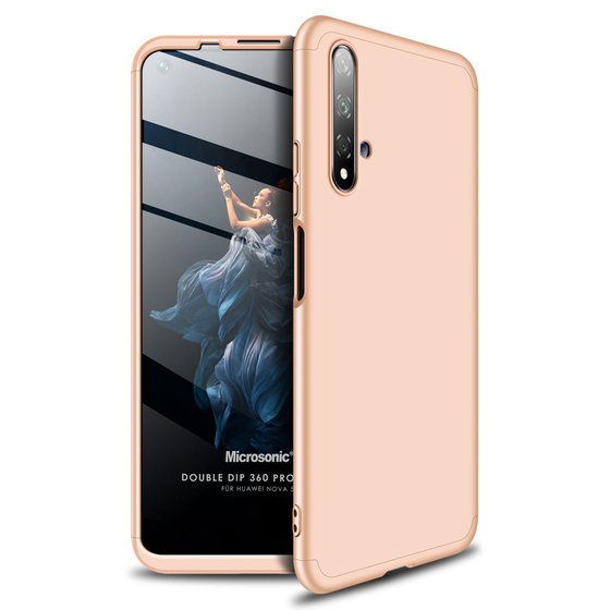 Microsonic Huawei Nova 5T Kılıf Double Dip 360 Protective Gold