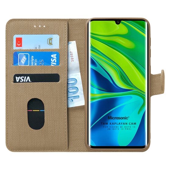 Microsonic Xiaomi Mi Note 10 Kılıf Fabric Book Wallet Gold