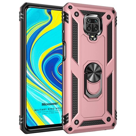 Microsonic Xiaomi Redmi Note 9 Pro Kılıf Military Ring Holder Rose Gold