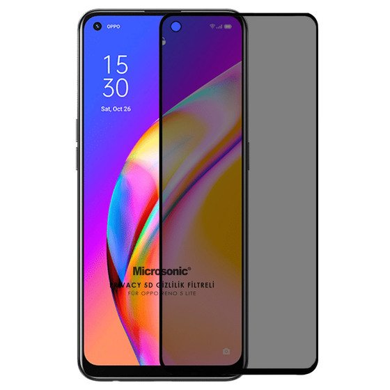 Microsonic Oppo Reno 5 Lite Privacy 5D Gizlilik Filtreli Cam Ekran Koruyucu Siyah