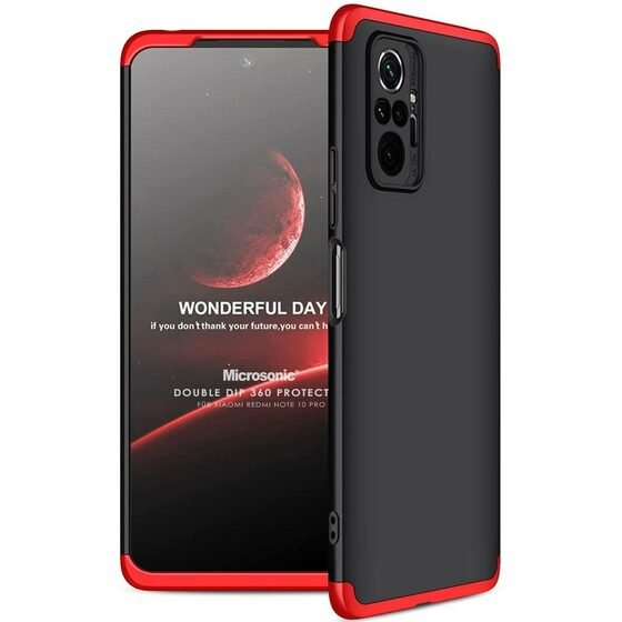 Microsonic Xiaomi Redmi Note 10 Pro Kılıf Double Dip 360 Protective Siyah Kırmızı