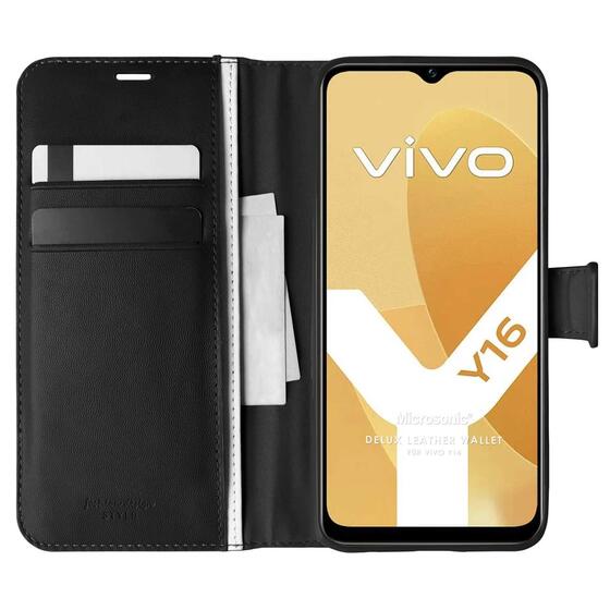 Microsonic Vivo Y16 Kılıf Delux Leather Wallet Siyah