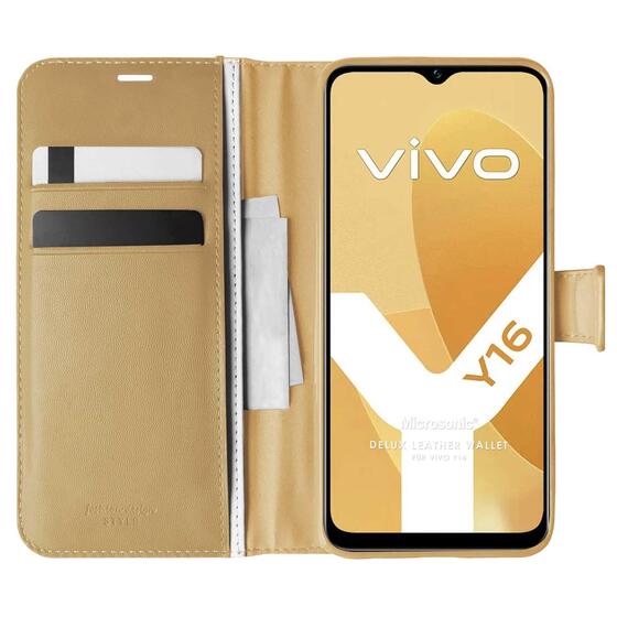 Microsonic Vivo Y16 Kılıf Delux Leather Wallet Gold