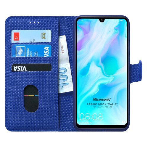 Microsonic Huawei P30 Lite Kılıf Fabric Book Wallet Lacivert