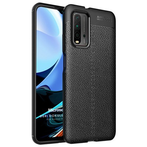 Microsonic Xiaomi Redmi 9T Kılıf Deri Dokulu Silikon Siyah